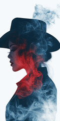 Artistic woman in cowboy hat with vibrant smoke and room silhouette overlay