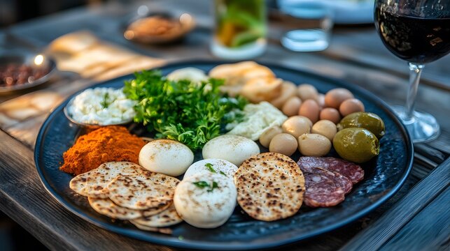 Assorted appetizers arranged on a dark platter.