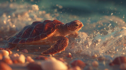 baby sea turtle on sandy beach crawling toward the ocean &mdash; ideal for educational materials on wildlife conservation, marine biology blogs, eco-tourism promotions, or children's nature books