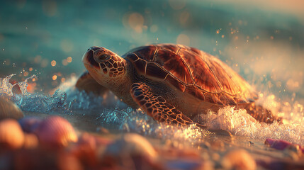 baby sea turtle on sandy beach crawling toward the ocean &mdash; ideal for educational materials on wildlife conservation, marine biology blogs, eco-tourism promotions, or children's nature books