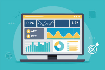Vector dashboard displaying paid media campaign metrics, ad impressions, clicks, conversions, and performance data.