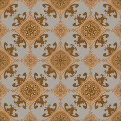 Elegant seamless batik pattern with a modern grey background and classic brown motifs. Traditional Indonesian design for textiles, backgrounds, and creative projects.