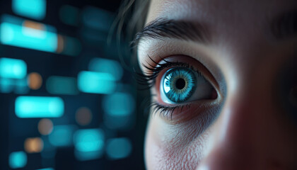 Macro view of human eye reflecting blue elements of digital interface in dark environment, high detail, futuristic tone