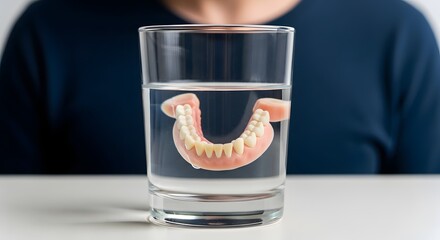Dentures soaking in a glass of water on a white table with a person in the background wearing blue shirt