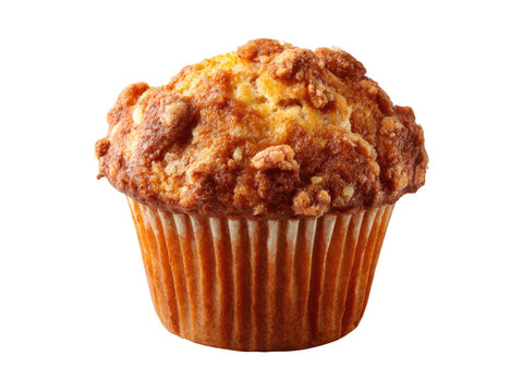 Golden brown muffin with crumbly topping and fluted paper liner baked pastry, Isolated, Transparent Png