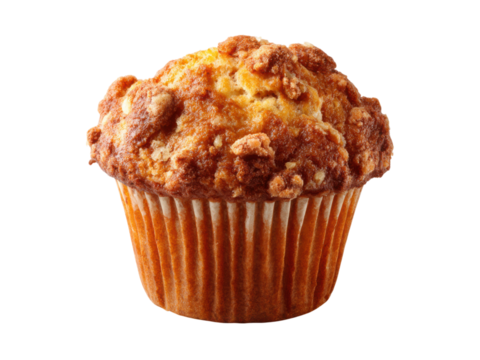 Golden brown muffin with crumbly topping and fluted paper liner baked pastry, Isolated, Transparent Png