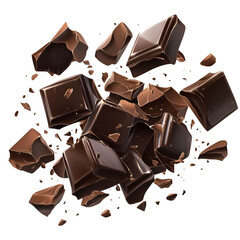 Dark chocolate chunks are scattered on a transparent background, showing sweet dessert or treat ingredients perfect for baking and snacking.