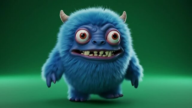 3D illustration of a small blue furry monster character with a fierce and cute expression, walking on a plain green background, suitable for games, and children's content