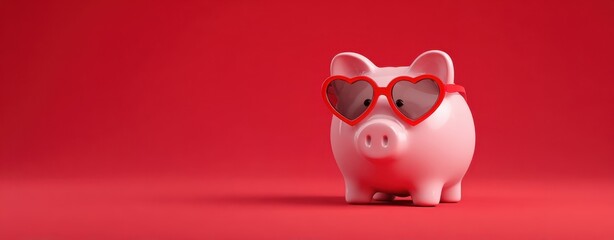 The piggy bank wearing heart-shaped sunglasses on a bright red backdrop.