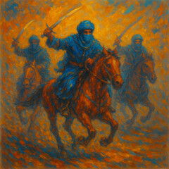 Naklejka premium Charge of the Muslim Horse Warriors – Abstract Battle Painting