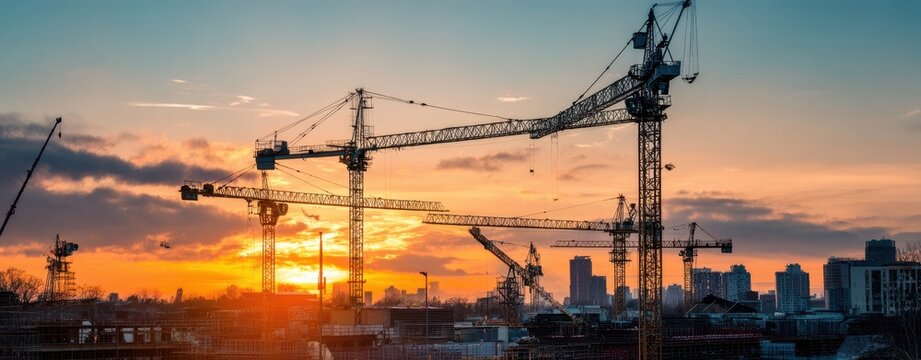 The construction cranes silhouetted against a vibrant sunset over the city skyline. - Powered by Adobe