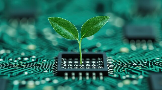 Macro photography of a tiny seedling emerging from a digital circuit board, tech investment, green growth