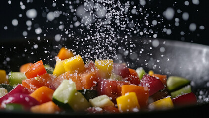 Crispy vegetables cooked with salt in a frying pan on the stove