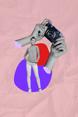 Exclusive magazine picture sketch collage image of happy girl guy pose retro camera hand cadre...