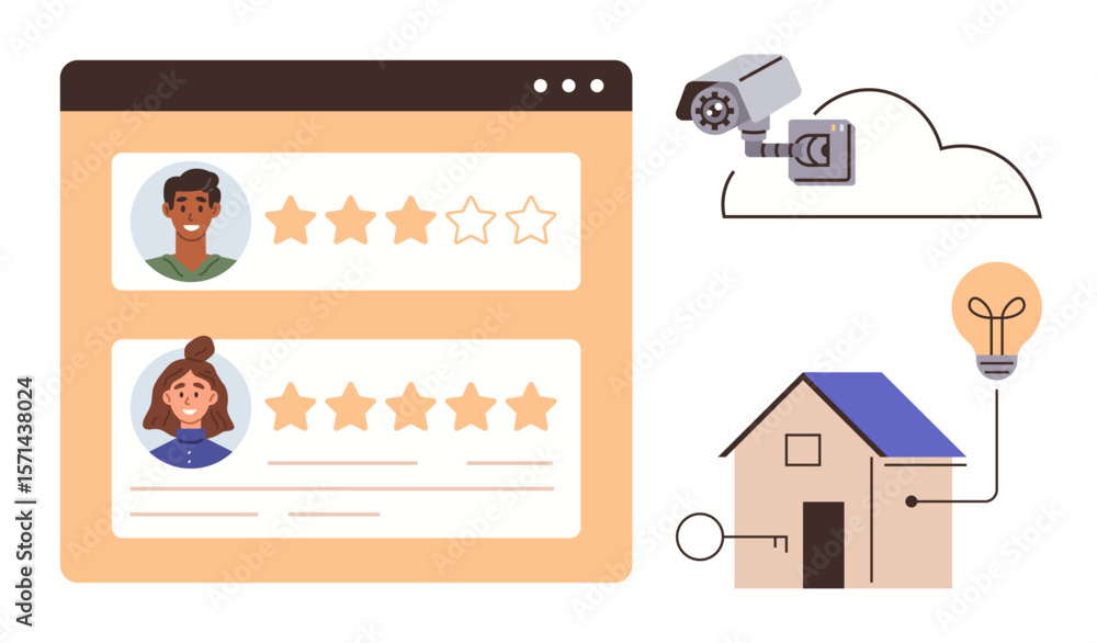 Poster browser window with user ratings, security camera with cloud, house connected to a bulb. ideal for t