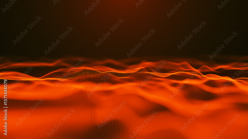 Poster abstract digital wave pattern that features illuminated red dots on a dark background, creating dept