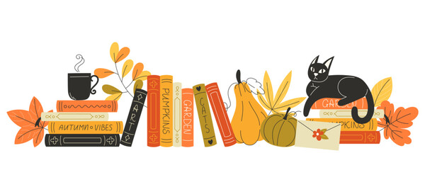 Flat autumn illustration with books on shelf, cosy cat, leaves, pumpkins and hot drink