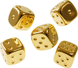 Five golden dice scattered in a dynamic arrangement isolated on transparent background