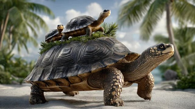Tortoises family on tropical beach