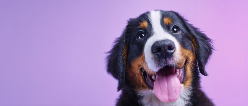 The playful Bernese puppy with a joyful expression on a purple background
