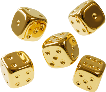 Five golden dice scattered in a dynamic arrangement isolated on transparent background