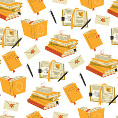 Seamless flat autumn pattern with books in yellow and orange tones on white background
