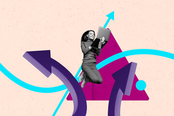 Collage of successful person near large rising arrow or stats symbolizing financial growth business...
