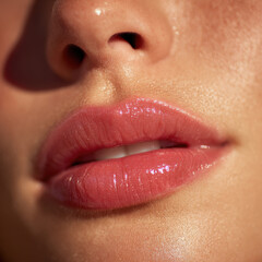 Obraz premium Glossy, youthful lips glisten in sunlight, showcasing clear lip gloss that enhances their natural beauty. close up captures smooth texture and radiant shine, evoking sense of freshness and allure