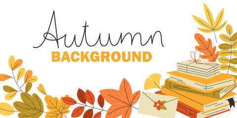 Flat autumn school banner with books as colourful frame border