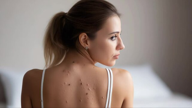 Woman showing healing process, displaying acne scars on back, embracing natural skin texture and personal wellness transformation