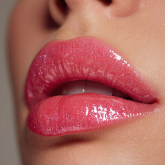 Obraz premium Glossy lips shine with light reflecting gloss, creating vibrant and alluring look. soft pink hue enhances natural beauty, making them captivating and inviting