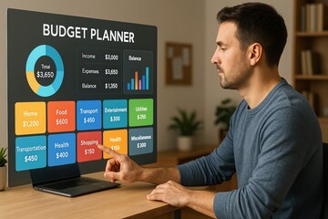 A man analyzing finances using a digital budget planner on a large screen.