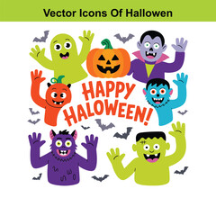 Obraz premium Happy halloween greeting with cute monsters and pumpkin vector icons