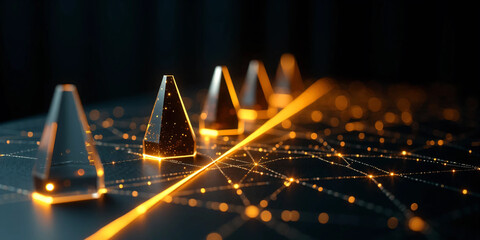 Top-down concept of a strategic planning network with gold route lines on a black background, pawns as decision points, and a hand making a move, symbolizing leadership, logic, and direction