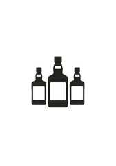 Black Silhouette Icons of Three Bottles with Labels in Different Sizes on White Background for Beverage, Packaging and Product Branding Concepts