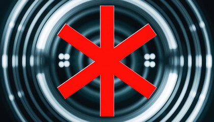 Red star symbol in the center of concentric glowing rings, futuristic digital style with high contrast and geometric composition