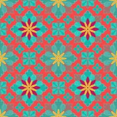 seamless floral pattern,flower and leaf created by combining red green,yellow curves and painting,red background in geometric patterns to as sarong,tile,fabric,printed fabric,tablecloth patterns.