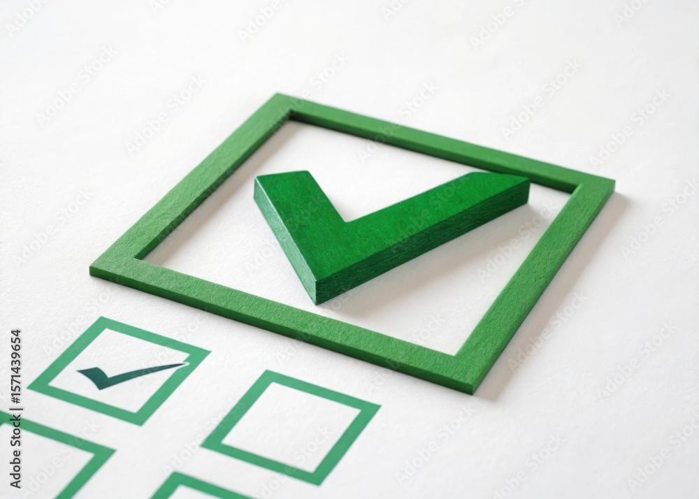 Poster green wooden checkmark placed inside a square checkbox on a white background
