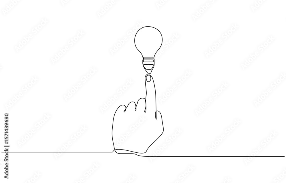 Poster continuous one line drawing of hand pointing a bulb lamp. think big, point to idea concept, hand wit