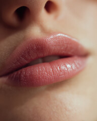 Fototapeta premium Lifelike close up of lips showcasing muted natural tone, highlighting smooth texture and subtle shine, evoking sense of beauty and allure