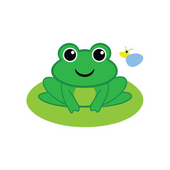 Happy frog sitting on a lily pad with a fly cartoon illustration