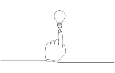 Continuous one line drawing of hand pointing a bulb lamp. Think big, point to idea concept, Hand with light bulb one continuous line drawing. Pointing symbol of creative idea editable outline.
