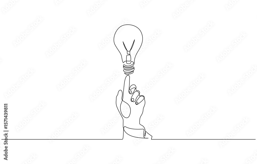 Aufkleber continuous one line drawing of hand pointing a bulb lamp. think big, point to idea concept, hand wit