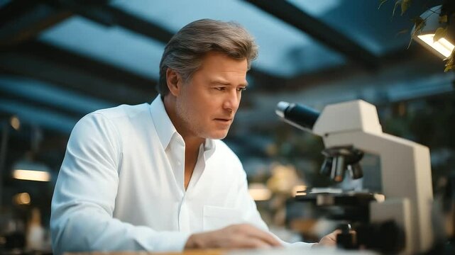 Image of a Problem Solver Analyzing Equipment with Microscope