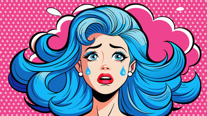 Upset Woman with Blue Hair Crying Pop Art Illustration