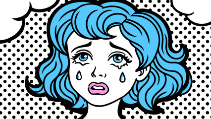 Crying Woman Pop Art Style Illustration Blue Hair