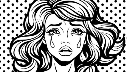 Pop Art Style Woman Crying Tears Black and White Illustration