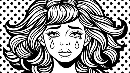 Crying Woman Pop Art Style Black and White Illustration