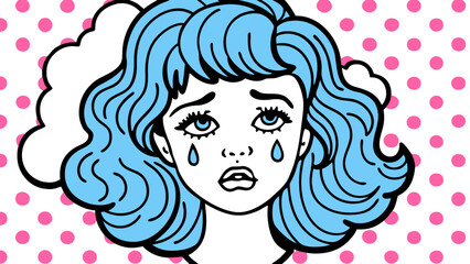 Sad Pop Art Girl with Blue Hair Crying on Pink Polka Dot Background