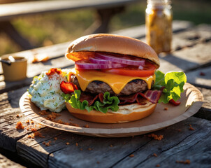 Savoring a delicious gourmet burger at sunset in a rustic outdoor setting with fresh ingredients and a homemade side dish